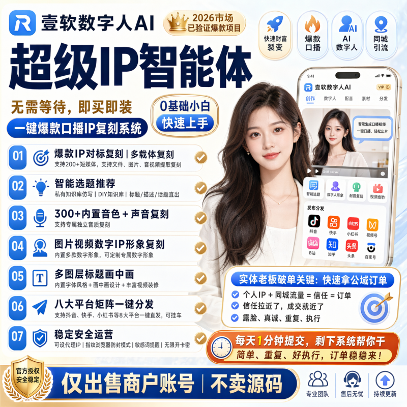 【爆火项目】超级IP智能体,一键爆款口播IP复刻系统,2026市场已验证爆款项目,0基础小白快速上手-济南壹软网络科技